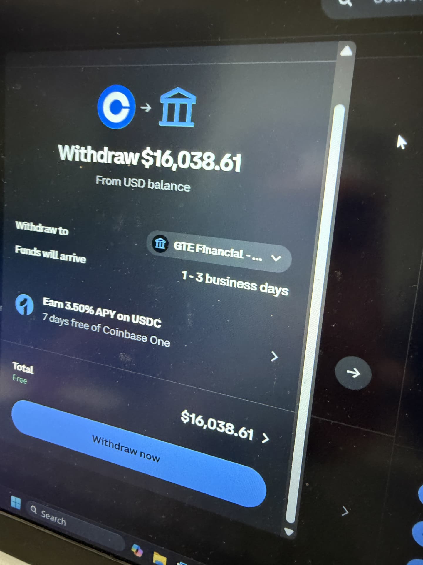 Withdrawal screen showing $16,038.61 being sent to a bank account