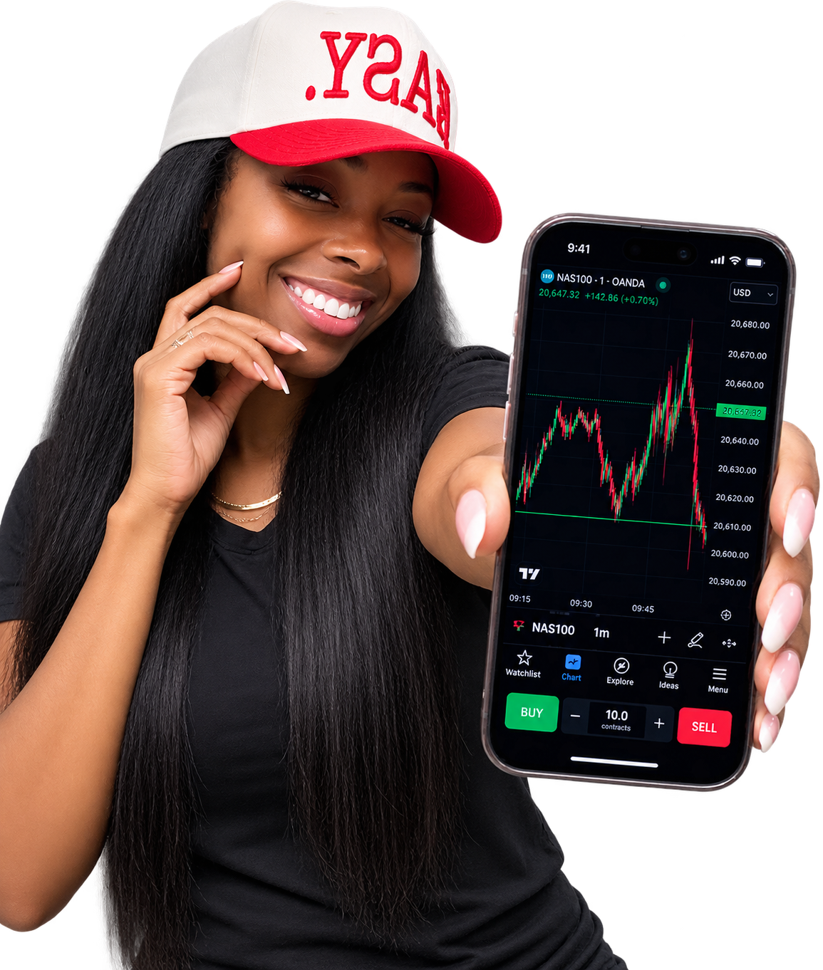 Coach Gigi smiling in a red and white EASY cap, holding a phone showing a live NAS100 chart